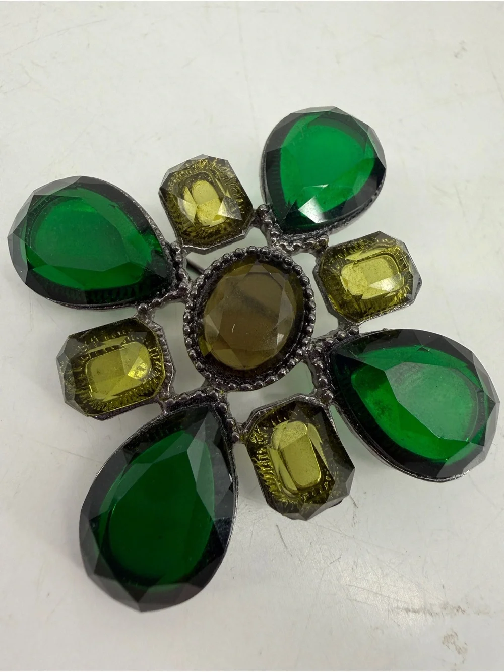 Vintage Style Emerald Green Yellow Faceted Rhinestone Floral Brooch Pin